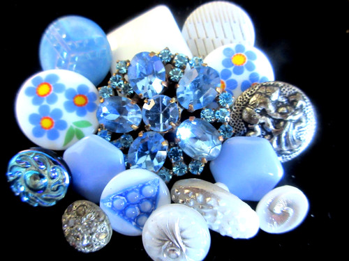 Czech Glass & Metal Mixed Lot 15 Vintage & New Buttons Shades of Blue  &  Silver