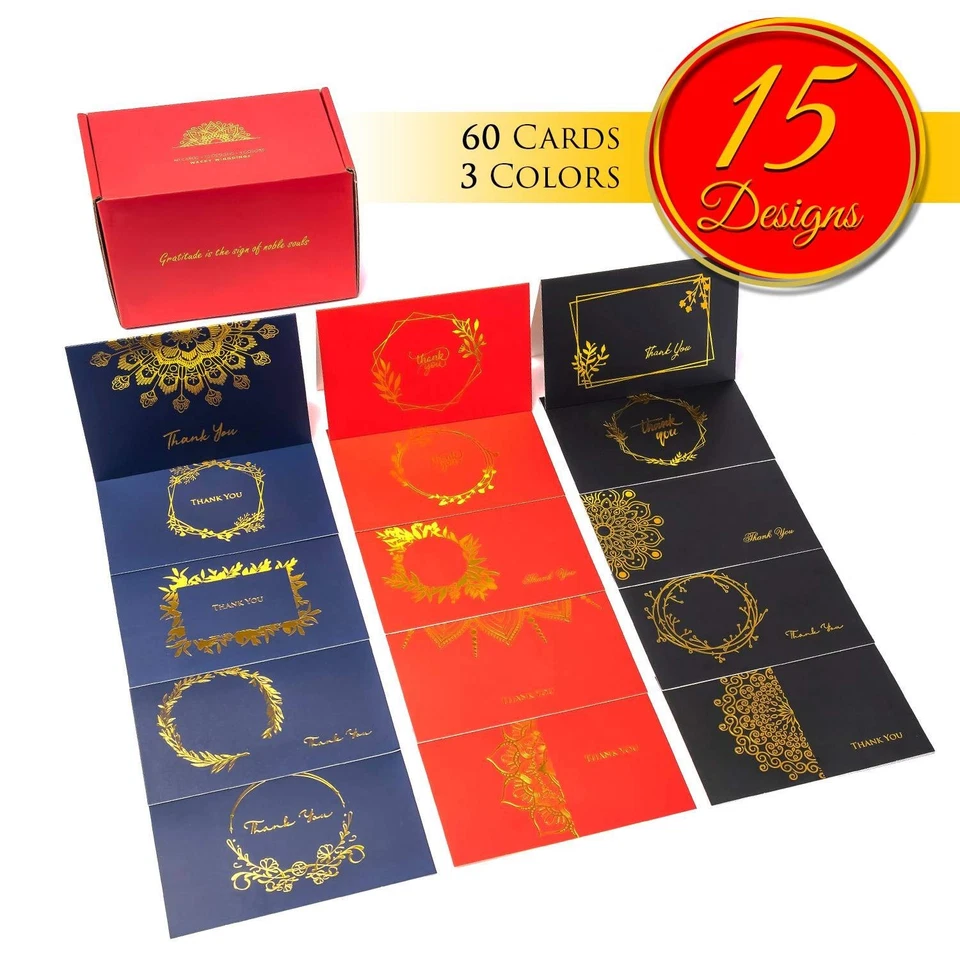 60 Thank You Gold Blank Red Blue Designed Envelopes Notes Cards Bulk Set 4x6" - Image 3 of 4