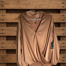 Bold Elements Maple Macaroon V- Neck Open Shoulders Blouse, NWT