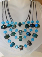 SS .925 BLUE PERUVIAN OPAL CHALCEDONY  NECKLACE  4 STRANDS & EARRINGS