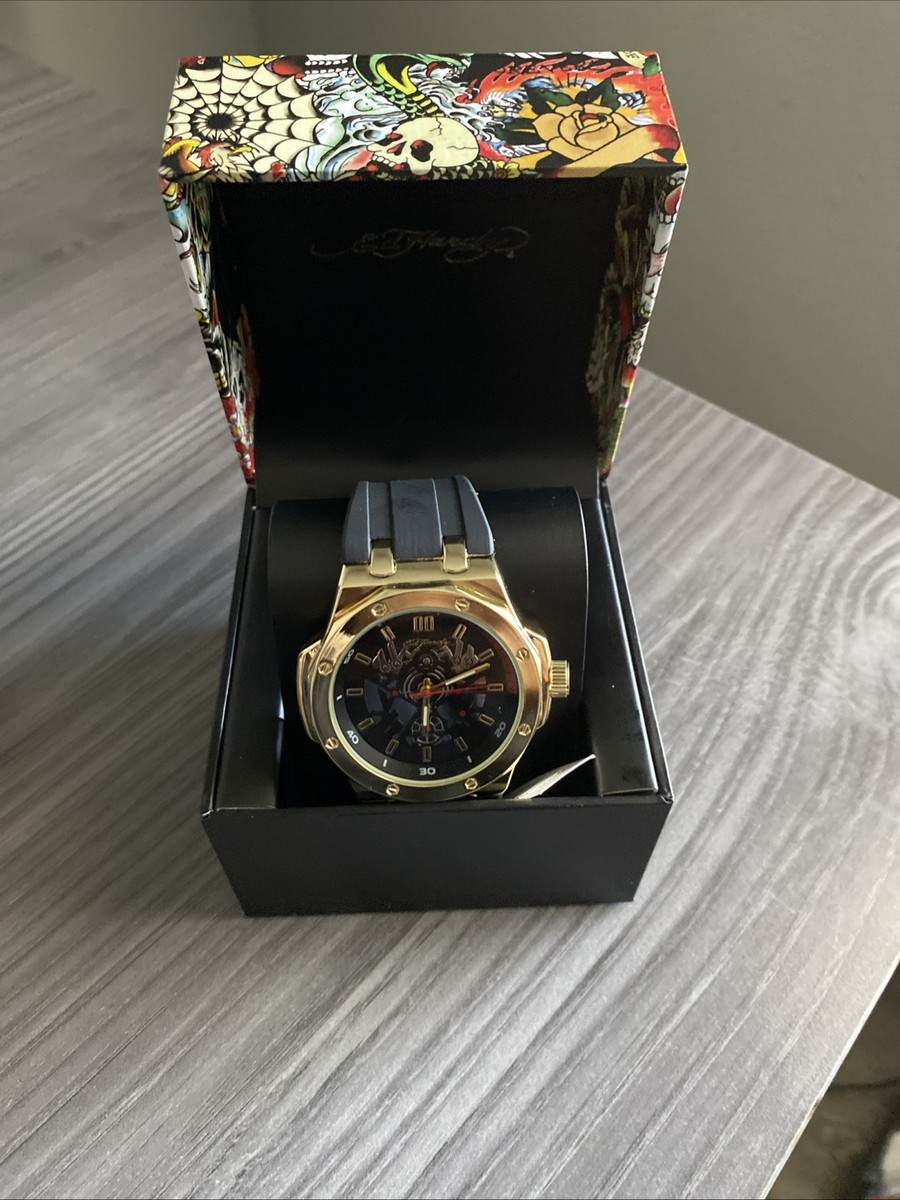 Ed Hardy Mens Gold And Black Face Chronological Watch Silicone