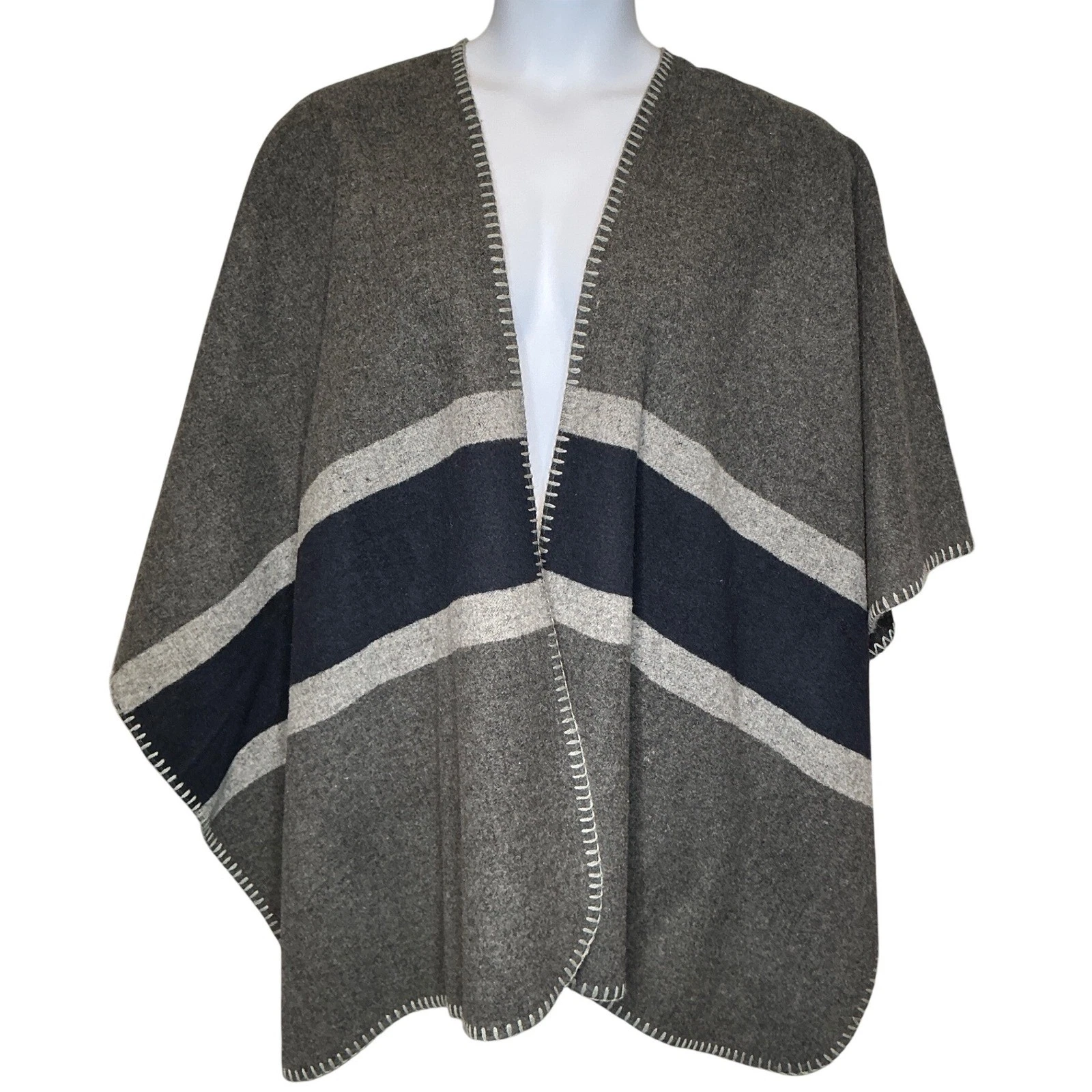ARTISAN NY Womens Striped Poncho Sz L Gray Blue Wool Blend Boho Artsy Cozy Cape