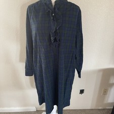Vintage LL Bean Plaid Nightgown Dress Robe 1/4 Button Cotton Pullover Ruffles