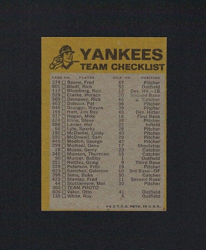 1974 Topps YANKEES Team Unmarked Checklist MUNSON LYLE MEDICH MURCER NETTLE NRMT - Picture 2 of 2