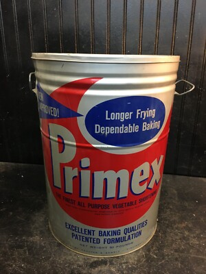 Vtg PRIMEX Vegetable Shortening Oil Tin Can 17'' w/Lid 50LB Restaurant Size EMPTY