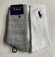 New POLO Ralph Lauren Crew Socks 6 to 12 Gray White Flag Cotton Classic Sport