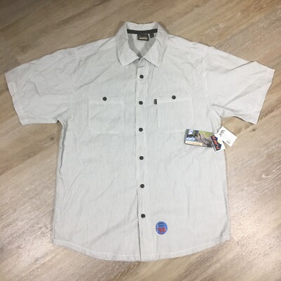 New KAVU Big Joe Button Down Shirt Short Sleeve Mens Sz M White Striped Cotton