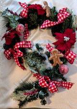 CHRISTMAS 6ft Garland Poinsettia Gingerbread Cookies Red/White Check Ribbon