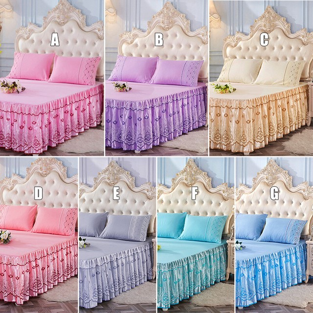Printing Flower Lace Bed Skirt Pillowcase Dust Ruffle Bedspread Twin