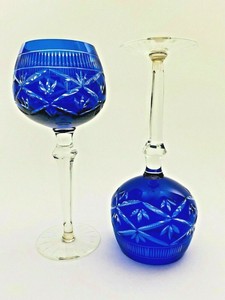 Vintage-Pair-of-Moser-Crystal-Glass-Wine-Stems-Etched-Cut-to-Clear-Cobalt-Blue