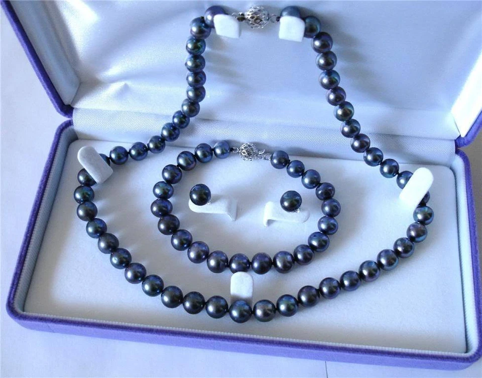 8-9mm Natural Black Akoya Cultured Pearl Bracelet Necklace Earrings Set AA+ - Image 4 of 4