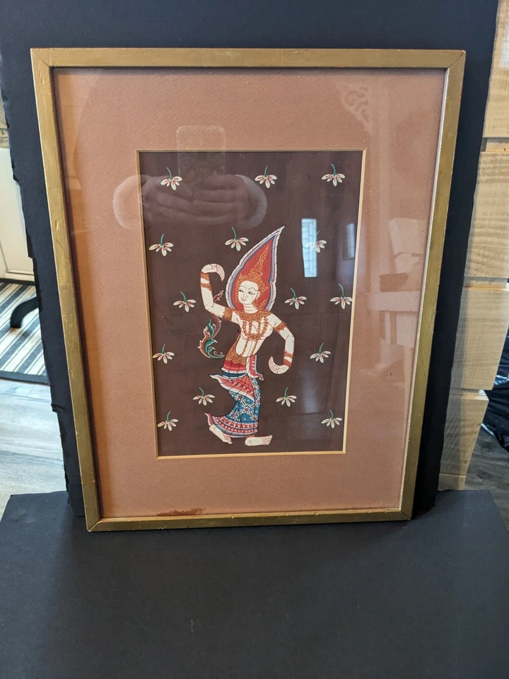 Cuadro de arte popular asiático tailandés enmarcado marco pintado en oro 12,5 x 16,5 Foto 2 de 4