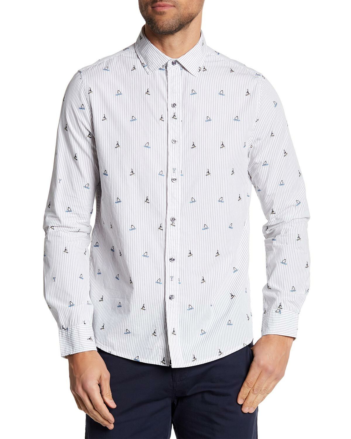 Тканая рубашка Michael Bastian с отделкой по фигуре, спереди на маленьких пуговицах вышиты пингвины