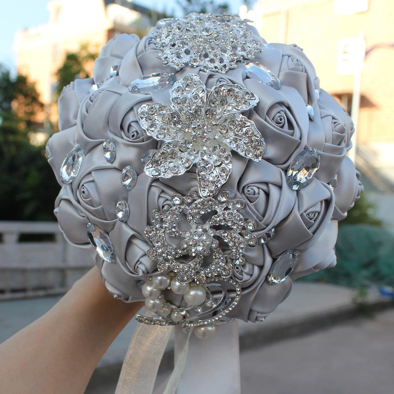 Handmade Luxury Silk Rose Rhinestone Pearl Brooch Wedding Bridal Bouquet  - Image 4 of 4