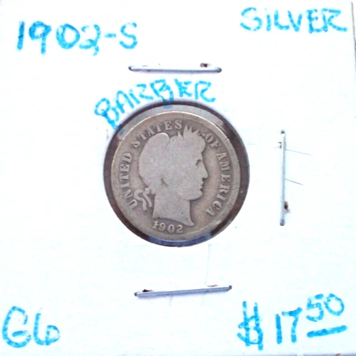 1902 SAN FRANCISCO BARBER SILVER DIME IN GOOD PLUS CONDITION.