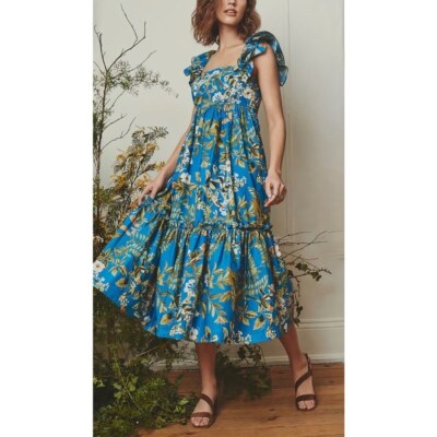 Cara Cara Midi Floral Flutter-Sleeve Smocked Darby Dress | eBay