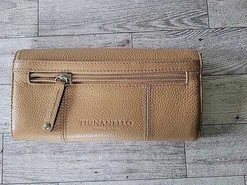 Tignanello Tan Leather Trifold Wallet Snap Zip Closure ID Coin Purse Cards Chain - Picture 6 of 14