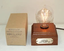Mint!! Works!! Vtg THOMAS EDISON "1893 Replica Light/Lamp with Wood Base" & BULB