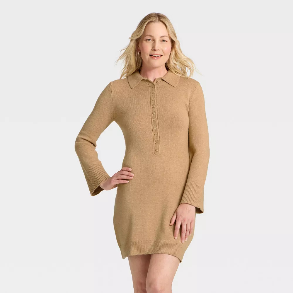 light brown sweater dress Women Long Sleeve Sweater Dress