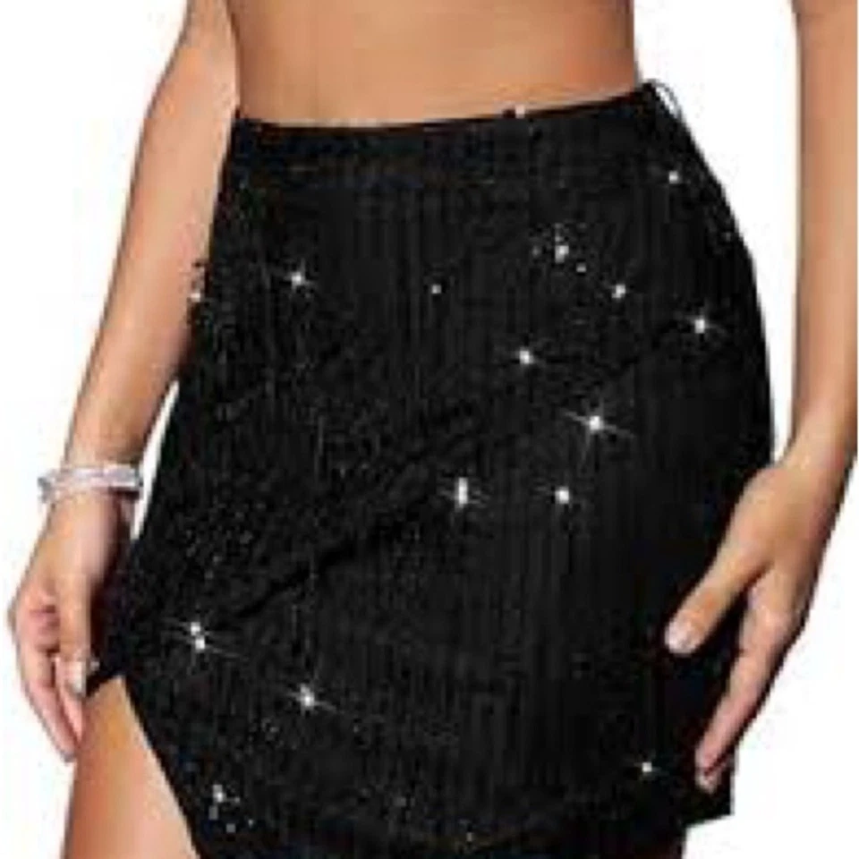 Elegant Sparkly Black Fringe Skirt and One Shoulder Matching Top NWT Size S - Image 2 of 4
