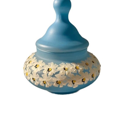 Vintage Westmoreland Blue Mist Satin Glass Lidded Candy Dish with Hand-Painted D - Picture 2 of 7