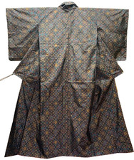 Vintage Oshima Tsumugi Silk Kimono Geometric Multi Color M 25.2in Yuki Japan