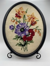 Vintage needle point Oval Framed Floral 10 X 8 Cottage, Core, Handmade,