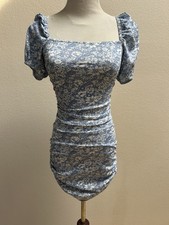 Nasty Gal Blue Floral Print Square Neck Puff Sleeve Ruched Bodycon Mini Dress 2