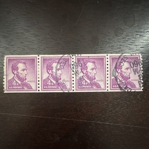 US 4¢ Purple Abraham Lincoln Used Postage Stamps Strip of 4 Handstamped Cancel