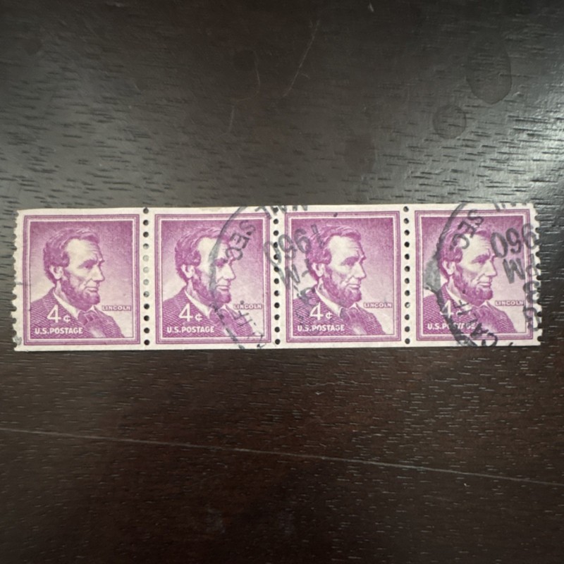 US 4¢ Purple Abraham Lincoln Used Postage Stamps Strip of 4 Handstamped Cancel