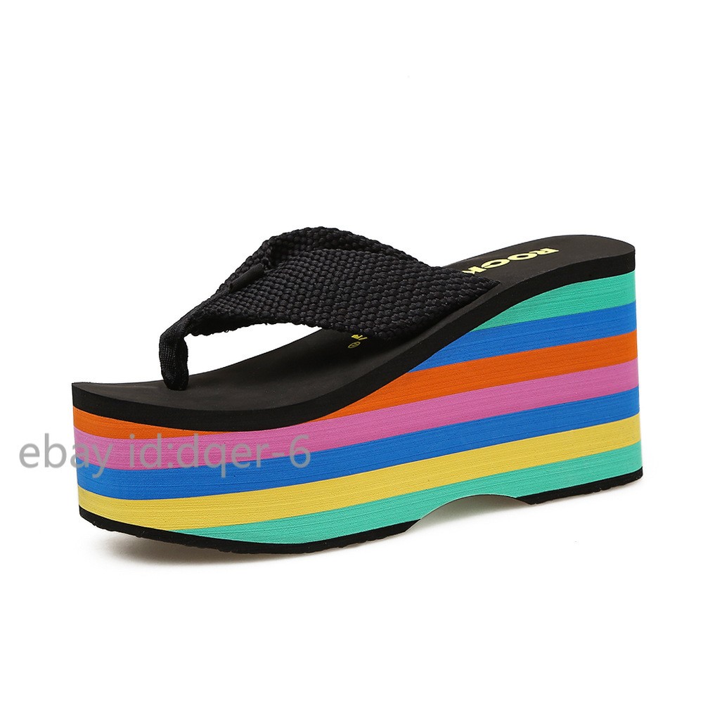Womens Wedges Flip Flops Summer High Heels Sandals Platform Slippers Solid Shoes-image