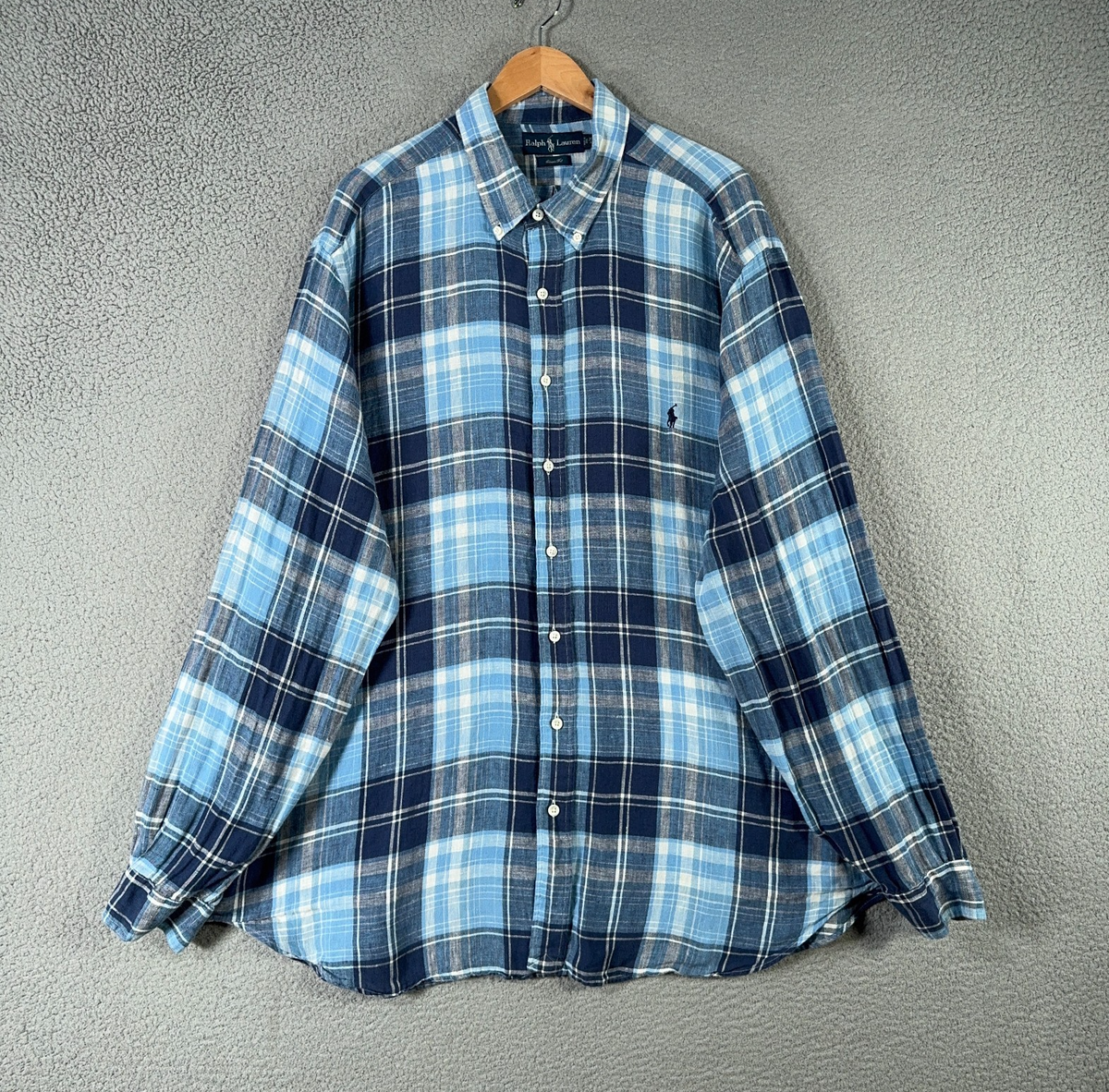 Ralph Lauren Linen Shirt Mens 2XB BIG Classic 100% Linen Blue Plaid Long  sleeve