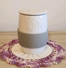 Pampered Chef 18A White Ceramic Egg Cooker Lidded With Gray Silicone Sleeve Soup