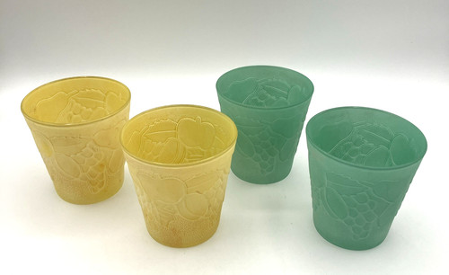 4 Vintage Italian Glasses Green Yellow Satin Frosted Fruit Textured Design Set 4