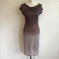 ONYX Women Vintage Elegant Midi Dress Brown Beige Ombre Lace Cap Sleeve Size 6
