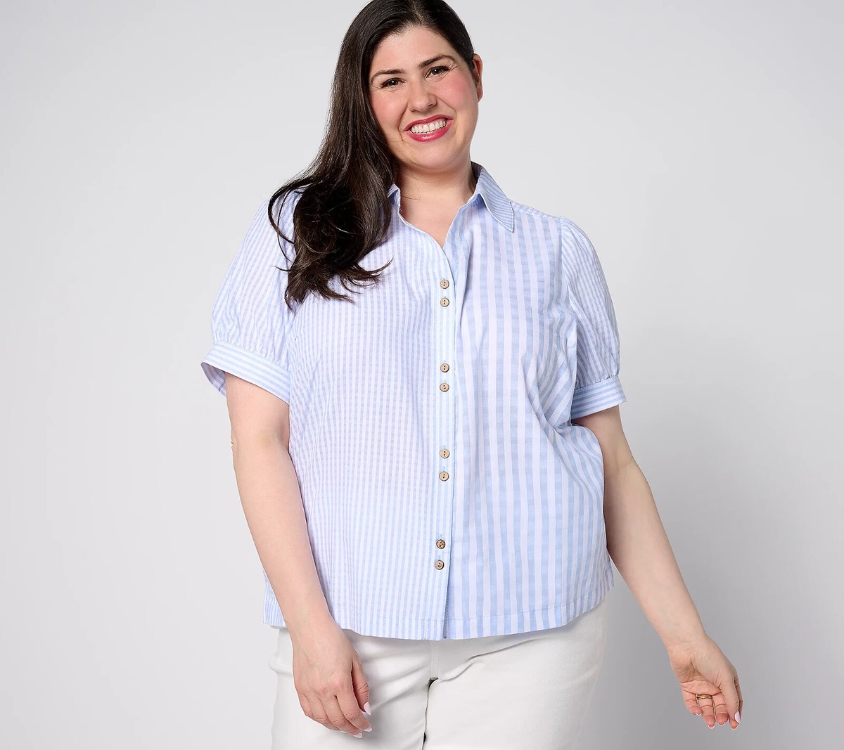 AnyBody Short Puff Sleeve Button Front Woven Shirt-Sky Blue-Medium 