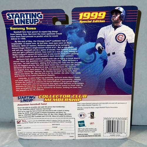 Figura de acción y tarjeta Sammy Sosa Chicago Cubs 62 HR's Hasbro Starting Lineup 1999 - Imagen 4 de 4