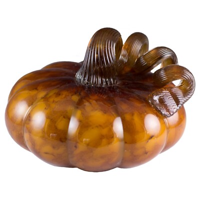 Hand Blown Glass Pumpkin 5.75'' Wide Figurine Brown Mottled With Curly Stem New
