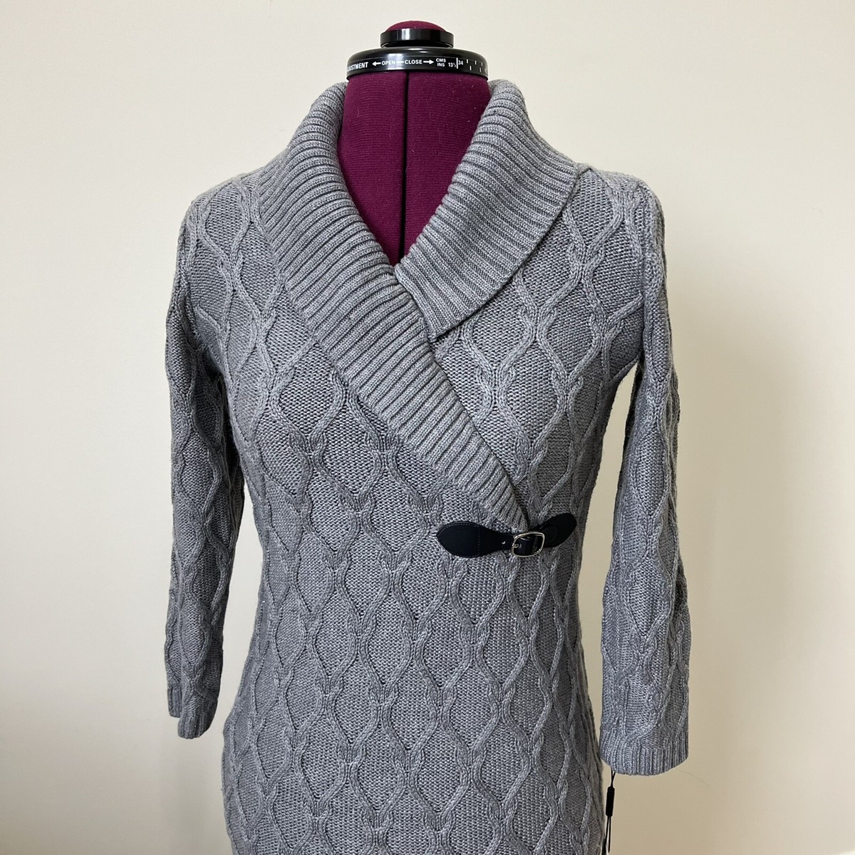 Calvin Klein NWT TIN GRAY Shawl Collar Cable Knit Sweater Dress Size PXS