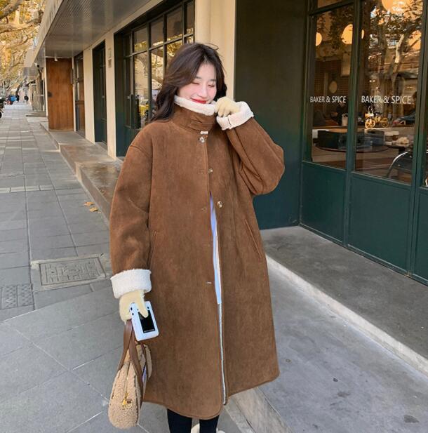 Womens Fashion Faux Suede Fur Lining Stand Collar Long Coat Jacket