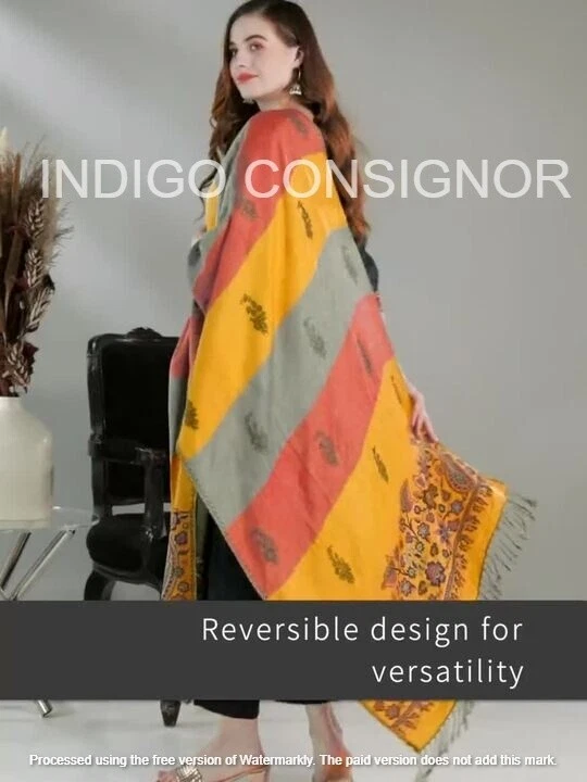 Paisley Wool Jamavar Shawl. Sea Green. India Stole. Wrap Pashmina Scarf 30X80" - Image 4 of 4