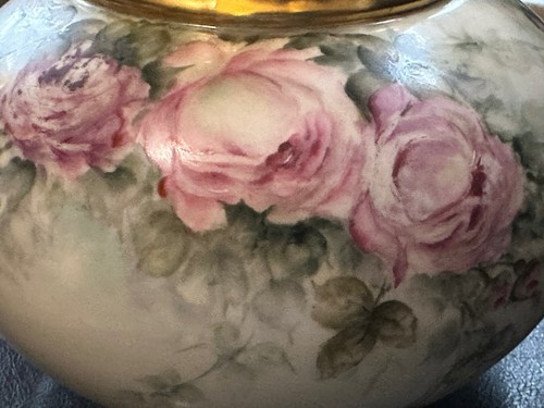 Vintage Porcelain Vase Jean Pouyat Limoges France Pink / Yellow Roses signed AMH - Picture 9 of 12
