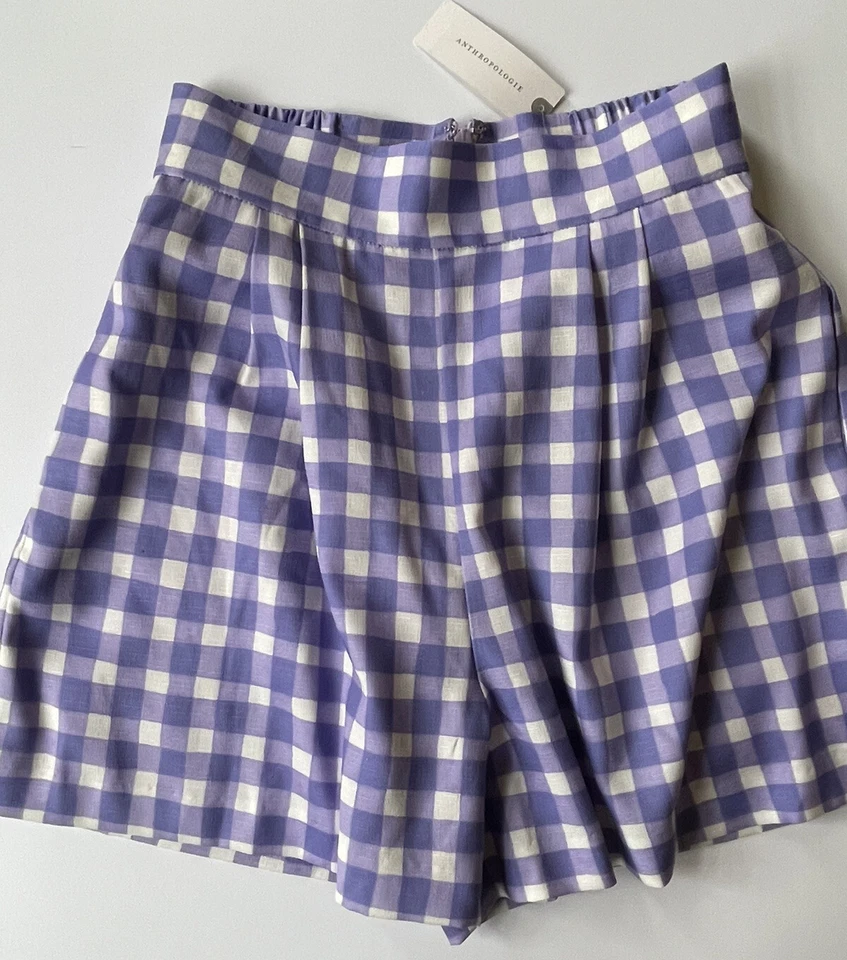 NWT Anthropologie Sz 2 HUTCH Pleated Purple Gingham High Rise Dress Shorts $108 - Image 3 of 4