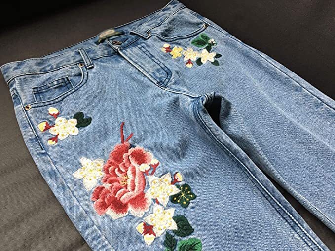 Women's Flower Embroidery Mid-Waist Pockets Pencil Cowboy