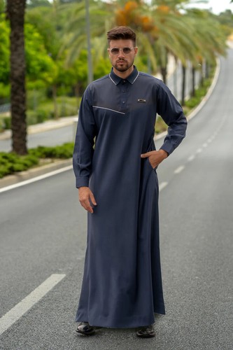 R24 LAWUNG Original Adult Men's Thobe Modern Design Arabian Jubbah Blue/Gold - Picture 1 of 7