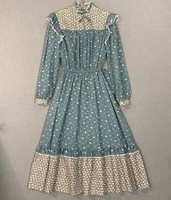 Vintage NOS 70s Sears JR BAZAAR Floral Lace Prairie Dress L/S Ruffle Green SZ 9