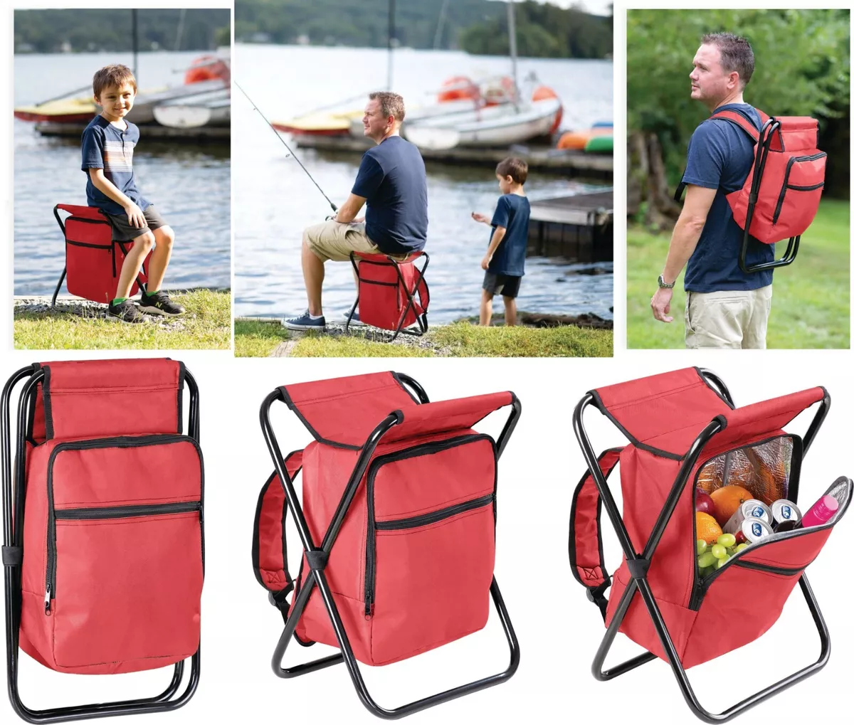 Camping Backpack Stool Cooler Insulated RED Sturdy Metal Frame