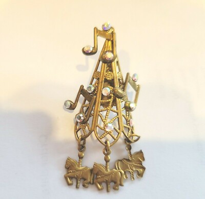 Vintage Favorite Pony Ride Brass & Swarovski Crystals Pin / Brooch