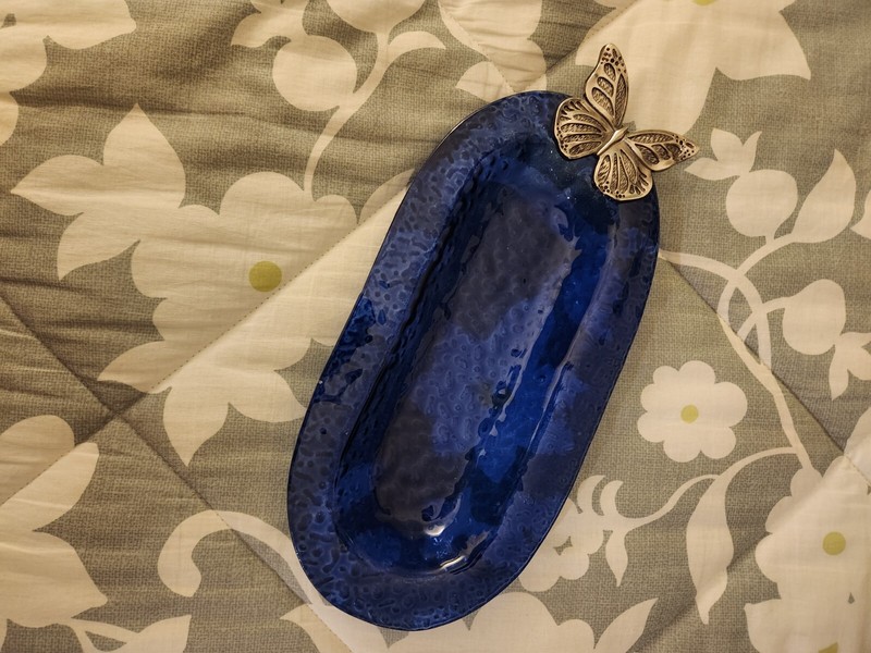Used Cobalt Blue Glass Serving Dish w/Silver Butterfly
