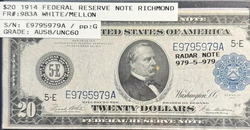 1914 $20 FEDERAL RESERVE NOTE RICHMOND FR#983A RADAR S/N High Grade Fancy SN Unc - Picture 13 of 16